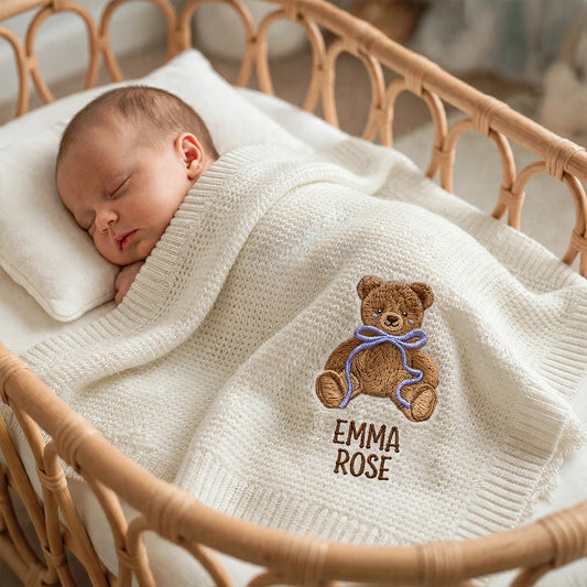 Personalized Teddy Bear Baby Blanket with Name - Custom Embroidered Keepsake