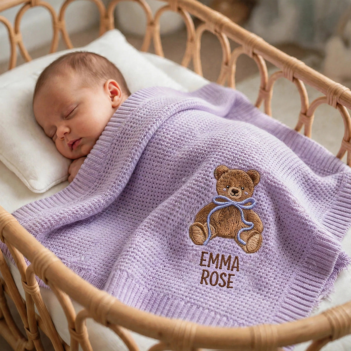 Personalized Teddy Bear Baby Blanket with Name - Custom Embroidered Keepsake