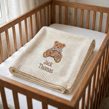 Personalized Teddy Bear Baby Blanket with Name - Custom Embroidered Keepsake