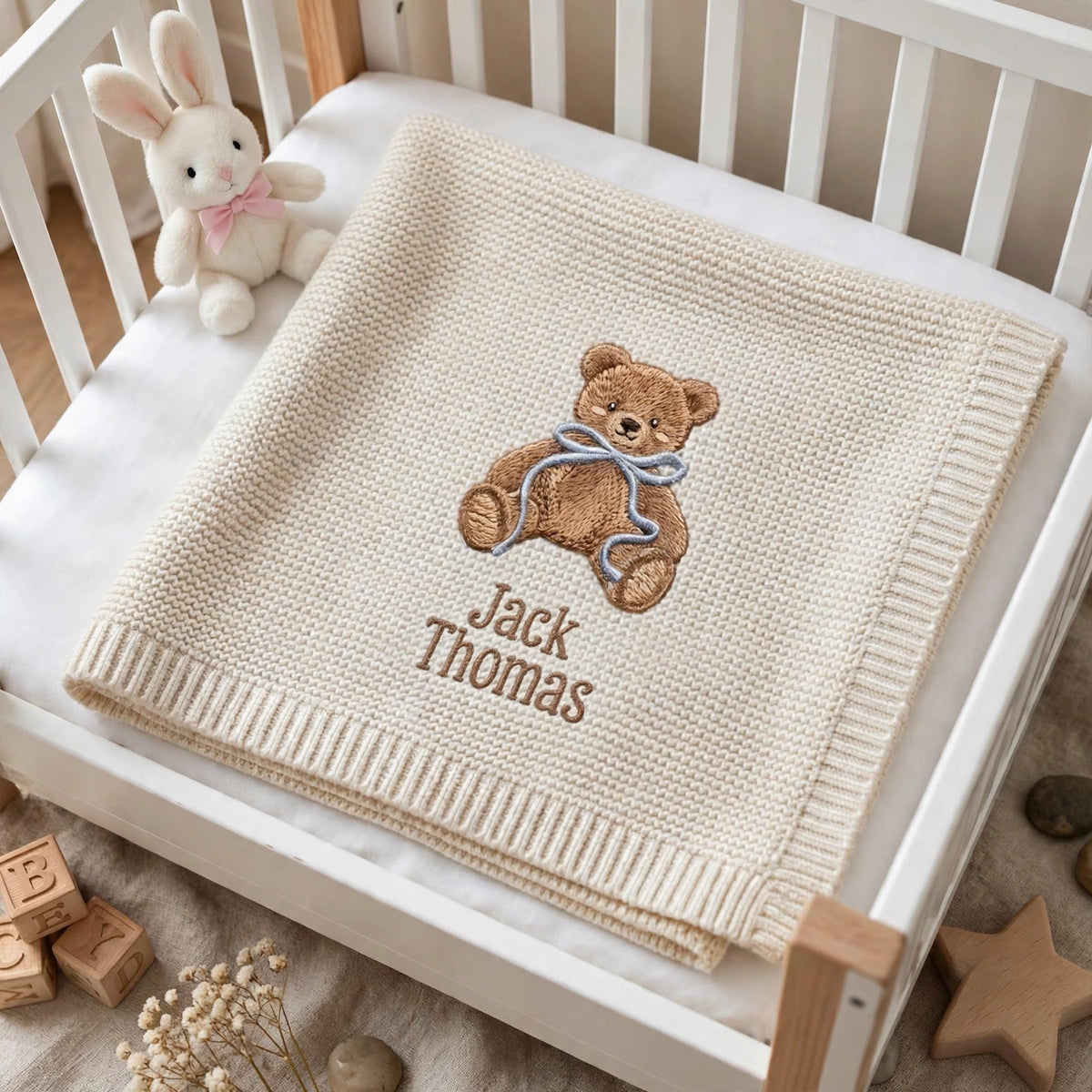 Personalized Teddy Bear Baby Blanket with Name - Custom Embroidered Keepsake