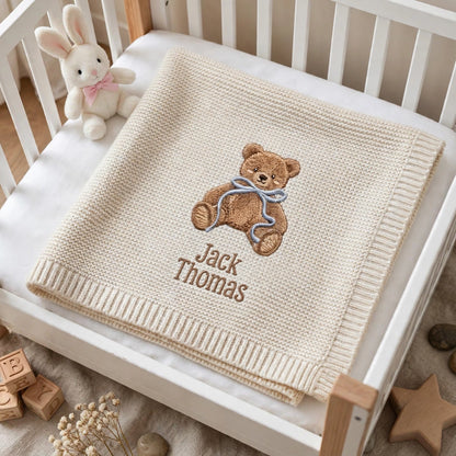 Personalized Teddy Bear Baby Blanket with Name - Custom Embroidered Keepsake