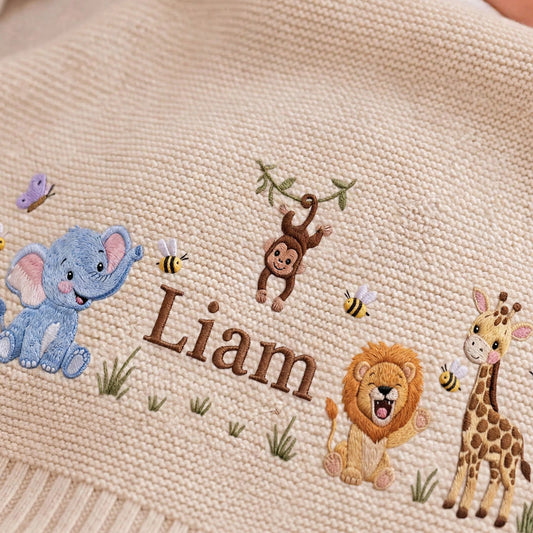 Personalized Safari Animals Baby Blanket with Name - Custom Embroidered Baby Name Blanket - Jungle Animals Keepsake Gift for Newborn