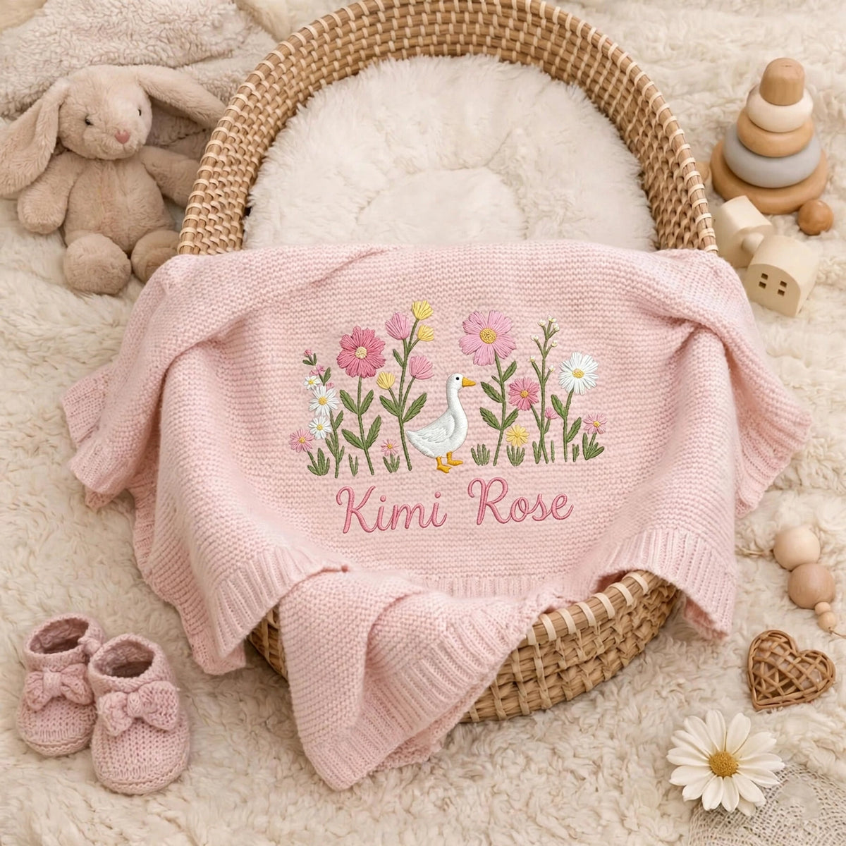 Personalized Duck Floral Baby Blanket with Name | Custom Goose Wildflower Knit Blanket