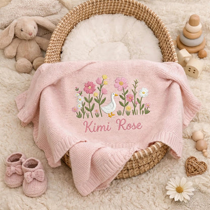 Personalized Duck Floral Baby Blanket with Name | Custom Goose Wildflower Knit Blanket