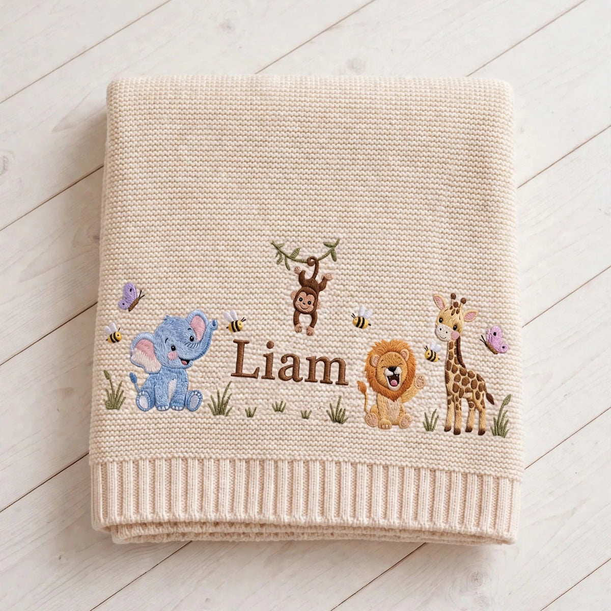 Personalized Safari Animals Baby Blanket with Name - Custom Embroidered Baby Name Blanket - Jungle Animals Keepsake Gift for Newborn