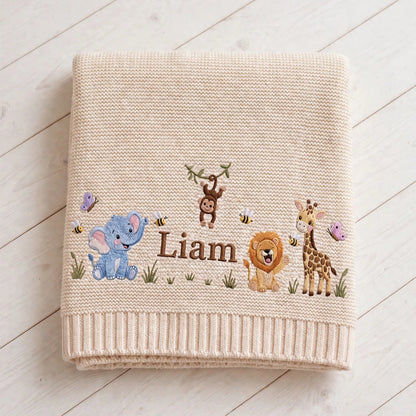 Personalized Safari Animals Baby Blanket with Name - Custom Embroidered Baby Name Blanket - Jungle Animals Keepsake Gift for Newborn