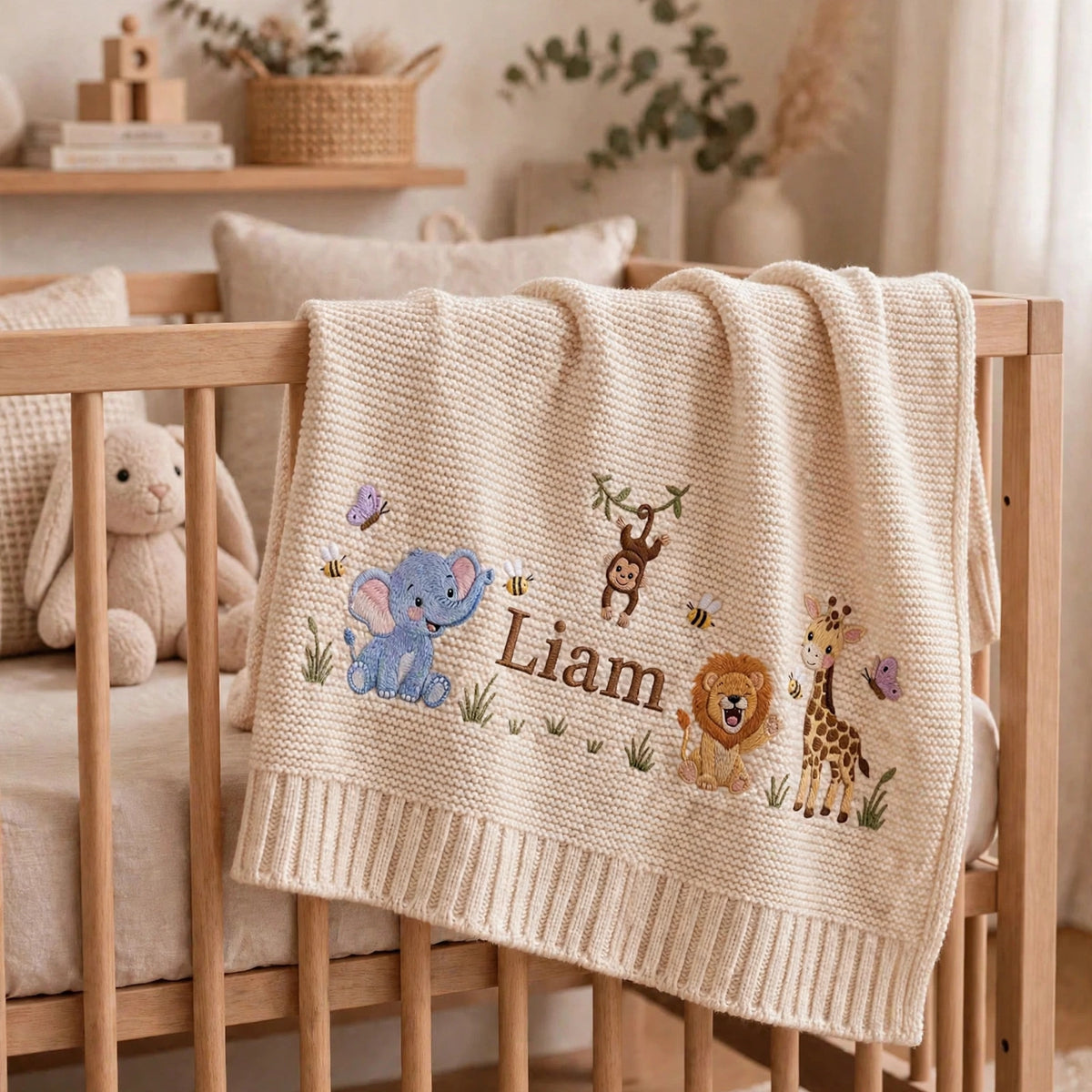 Personalized Safari Animals Baby Blanket with Name - Custom Embroidered Baby Name Blanket - Jungle Animals Keepsake Gift for Newborn