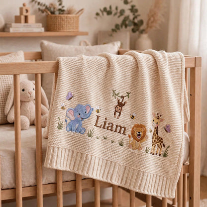Personalized Safari Animals Baby Blanket with Name - Custom Embroidered Baby Name Blanket - Jungle Animals Keepsake Gift for Newborn