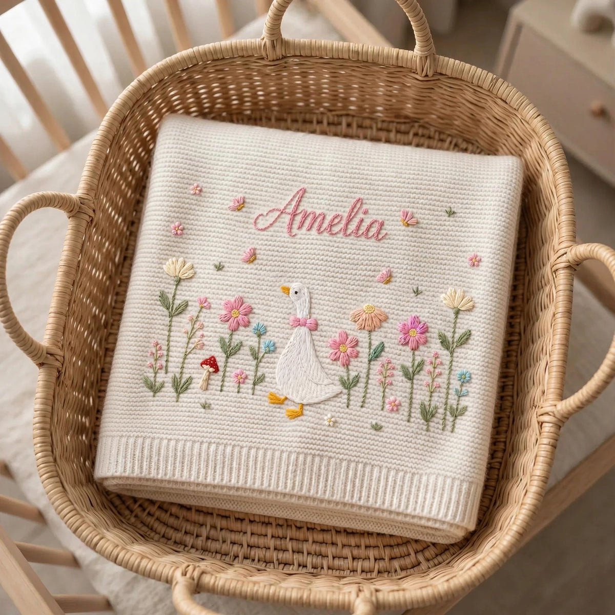 Personalized Goose Baby Blanket with Name - Custom Floral Embroidered Blanket