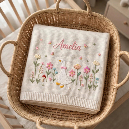 Personalized Goose Baby Blanket with Name - Custom Floral Embroidered Blanket