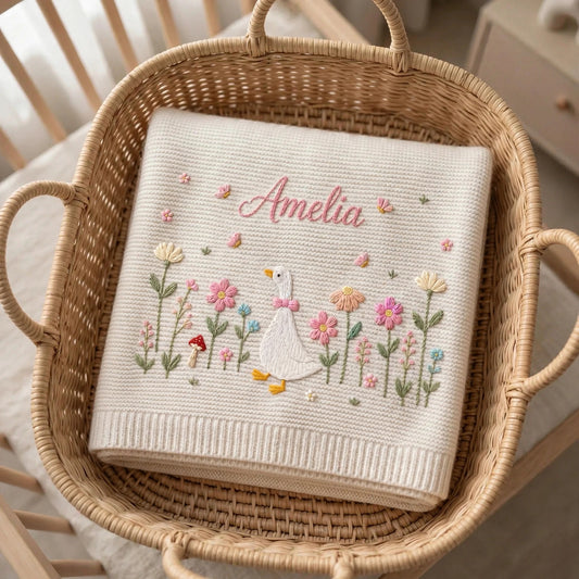 Personalized Goose Baby Blanket with Name - Custom Floral Embroidered Blanket