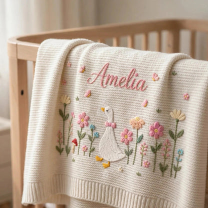 Personalized Goose Baby Blanket with Name - Custom Floral Embroidered Blanket