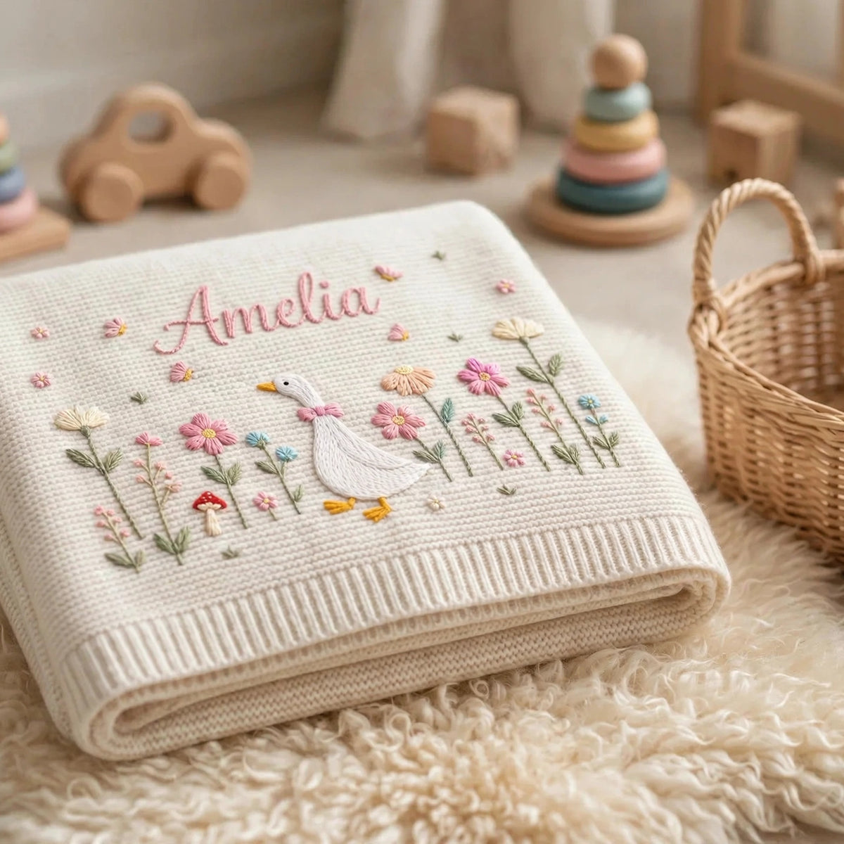 Personalized Goose Baby Blanket with Name - Custom Floral Embroidered Blanket