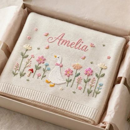 Personalized Goose Baby Blanket with Name - Custom Floral Embroidered Blanket