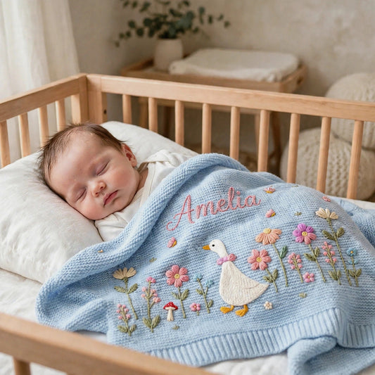 Personalized Goose Baby Blanket with Name - Custom Floral Embroidered Blanket