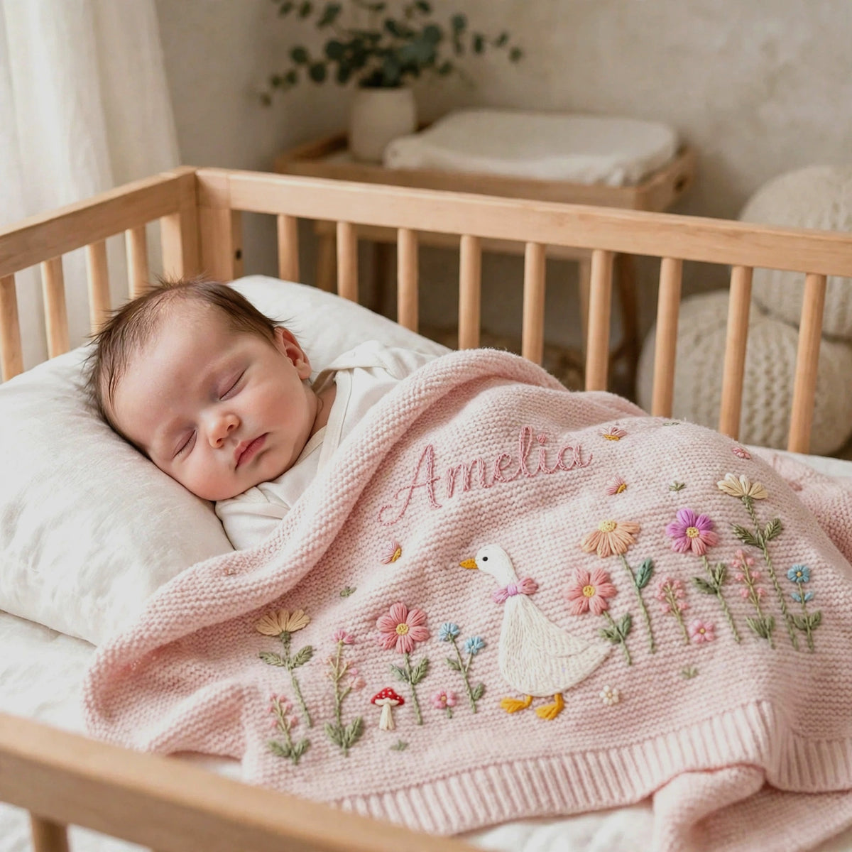 Personalized Goose Baby Blanket with Name - Custom Floral Embroidered Blanket