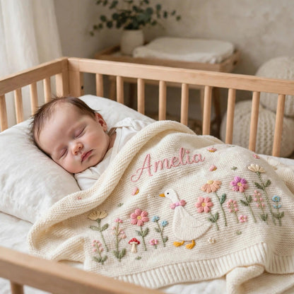 Personalized Goose Baby Blanket with Name - Custom Floral Embroidered Blanket