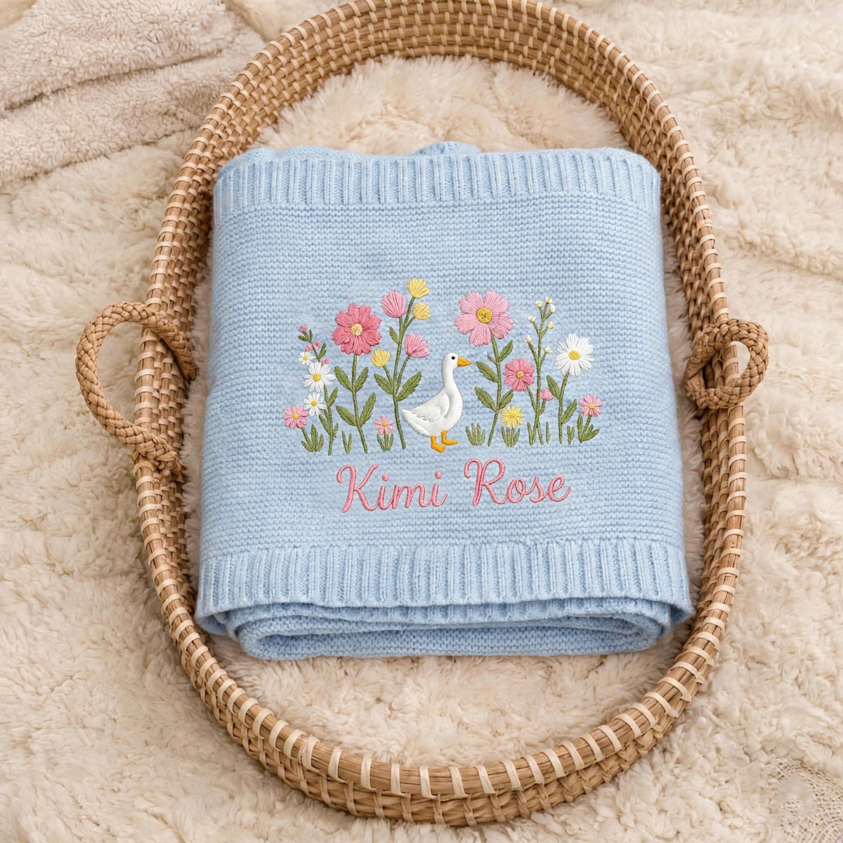 Personalized Duck Floral Baby Blanket with Name | Custom Goose Wildflower Knit Blanket