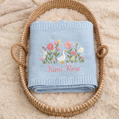 Personalized Duck Floral Baby Blanket with Name | Custom Goose Wildflower Knit Blanket
