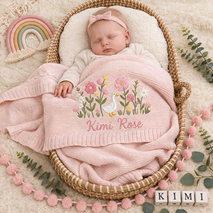 Personalized Duck Floral Baby Blanket with Name | Custom Goose Wildflower Knit Blanket