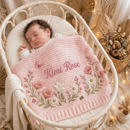 Personalized Wildflower Baby Blanket with Name - Custom Baby Girl Gift
