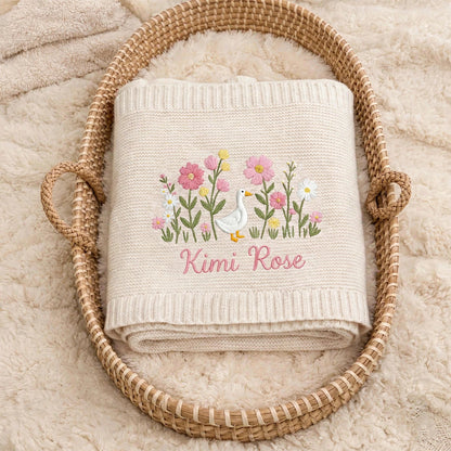 Personalized Duck Floral Baby Blanket with Name | Custom Goose Wildflower Knit Blanket