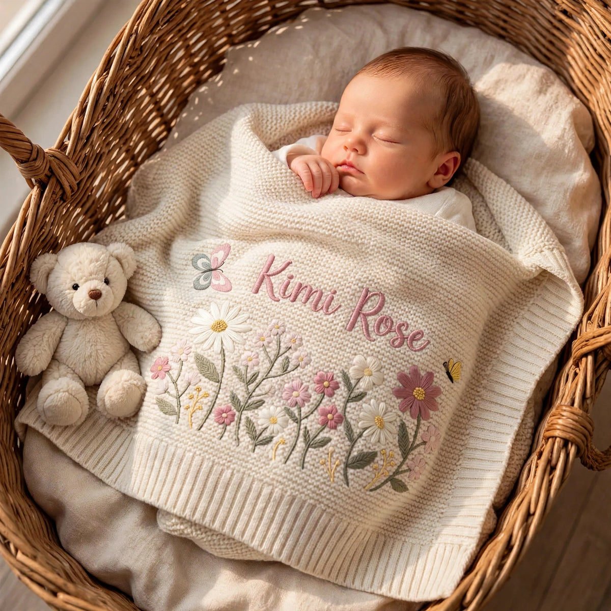 Personalized Floral Baby Blanket with Name - Custom Wildflower Knit Blanket for Baby