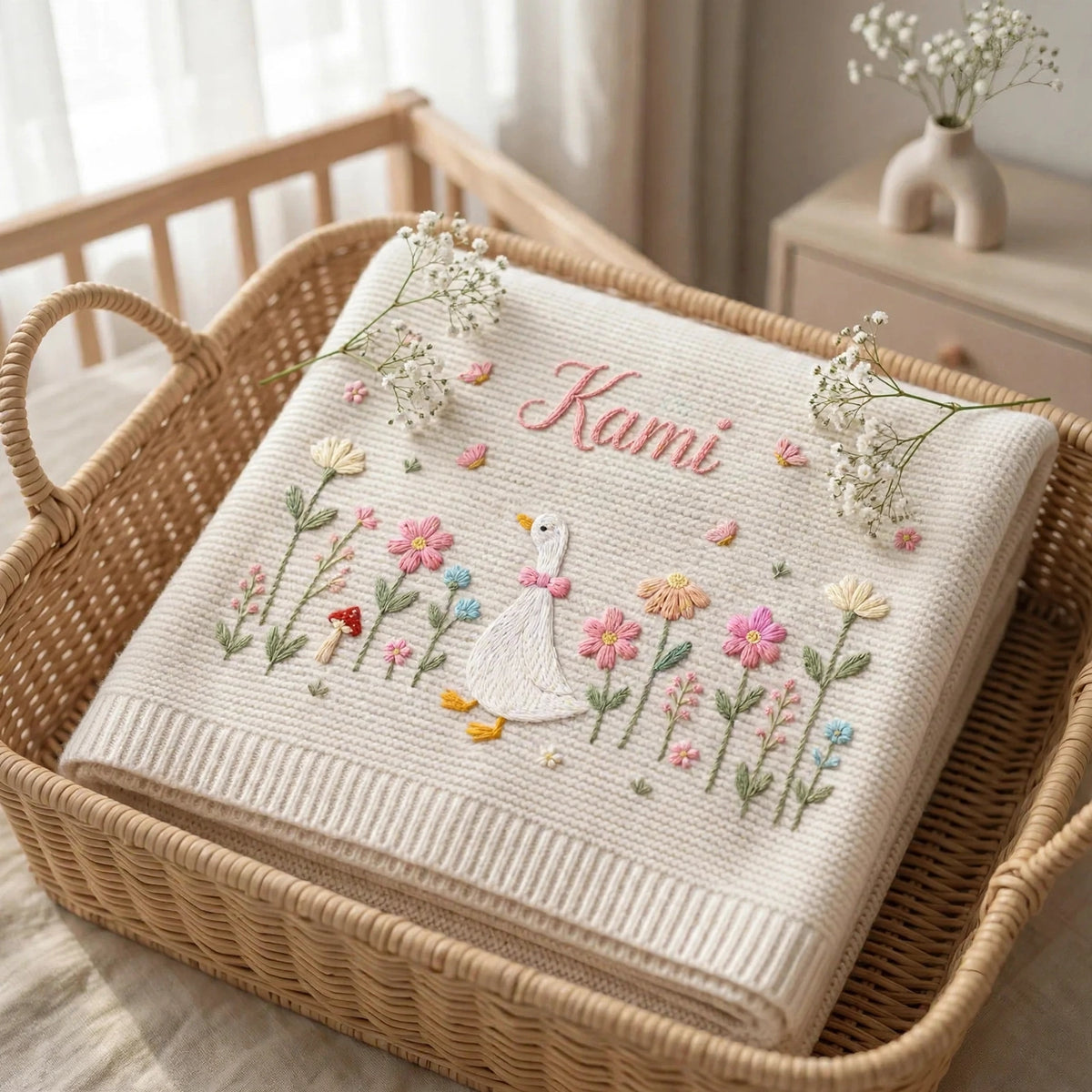 Personalized Goose Baby Blanket with Name - Custom Floral Embroidered Blanket