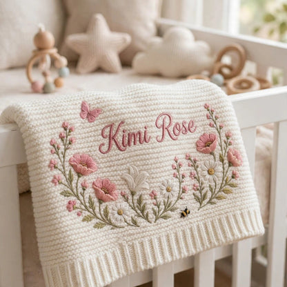 Personalized Wildflower Baby Blanket with Name - Custom Baby Girl Gift