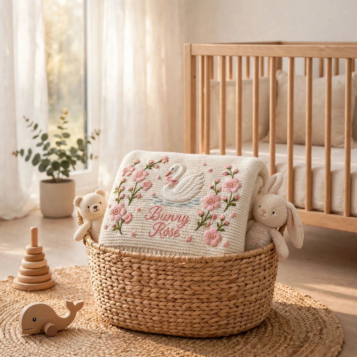 Personalized Swan Baby Blanket with Name | Custom Floral Knit Blanket