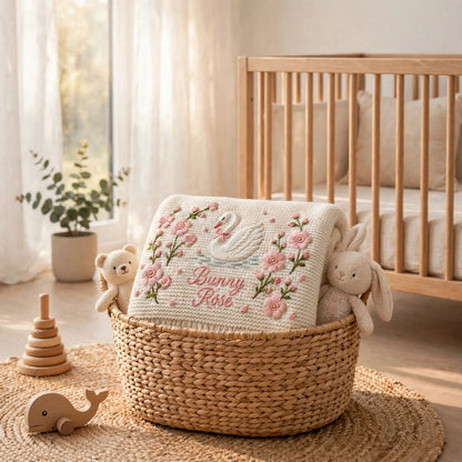 Personalized Swan Baby Blanket with Name | Custom Floral Knit Blanket