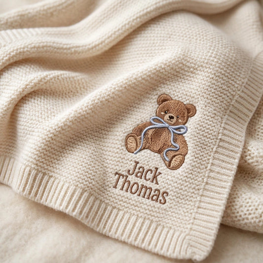 Personalized Teddy Bear Baby Blanket with Name - Custom Embroidered Keepsake