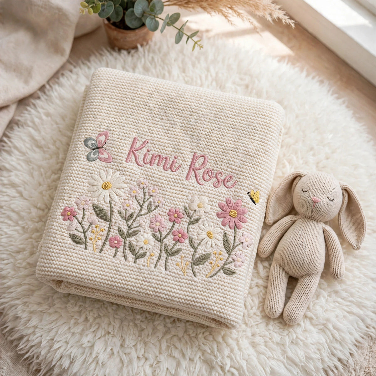Personalized Floral Baby Blanket with Name - Custom Wildflower Knit Blanket for Baby