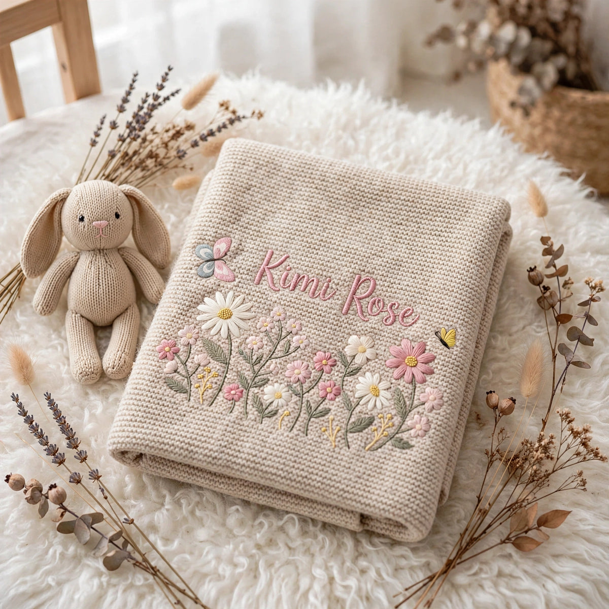 Personalized Floral Baby Blanket with Name - Custom Wildflower Knit Blanket for Baby