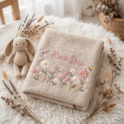 Personalized Floral Baby Blanket with Name - Custom Wildflower Knit Blanket for Baby