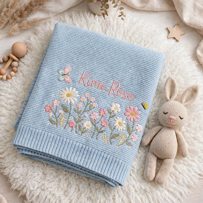 Personalized Floral Baby Blanket with Name - Custom Wildflower Knit Blanket for Baby