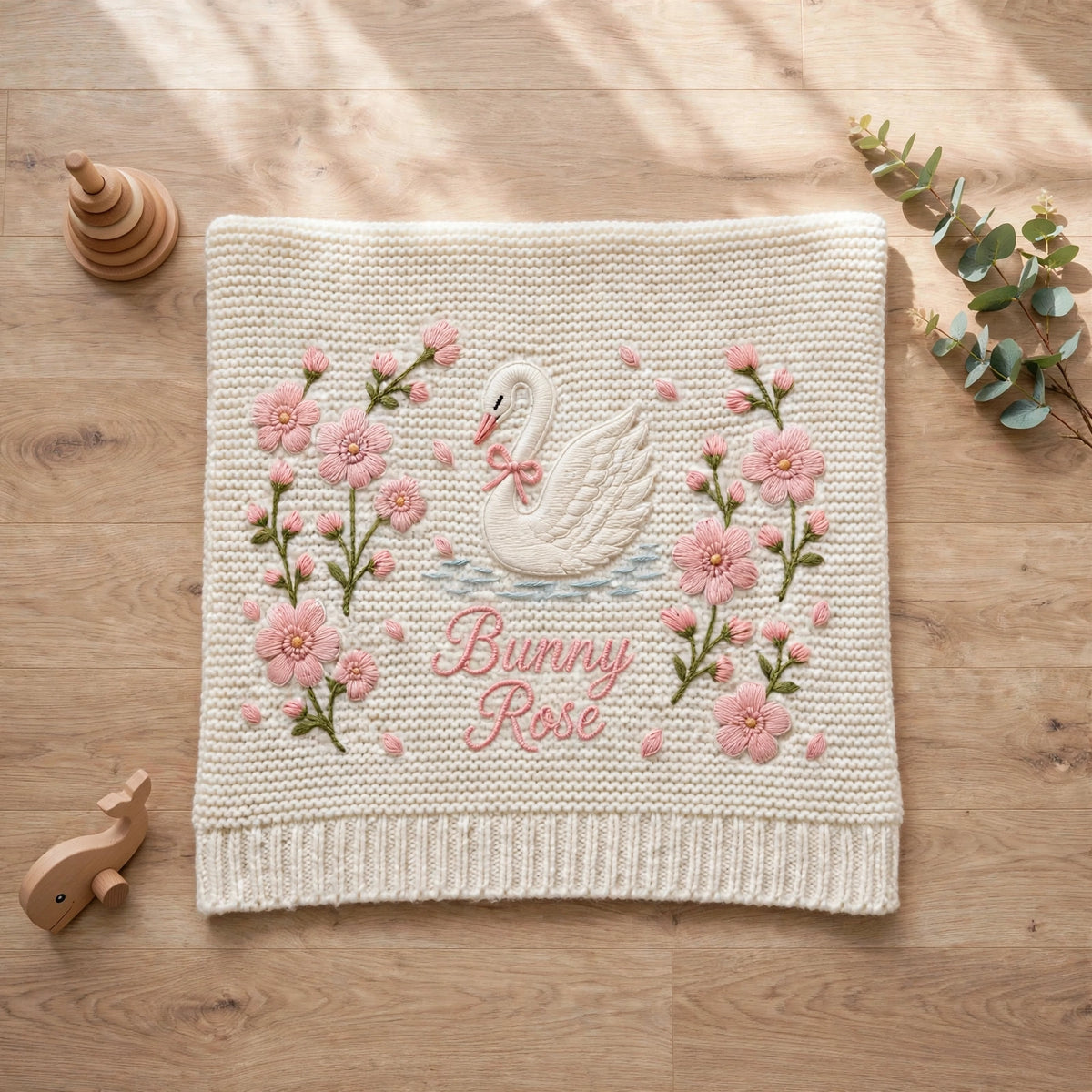 Personalized Swan Baby Blanket with Name | Custom Floral Knit Blanket