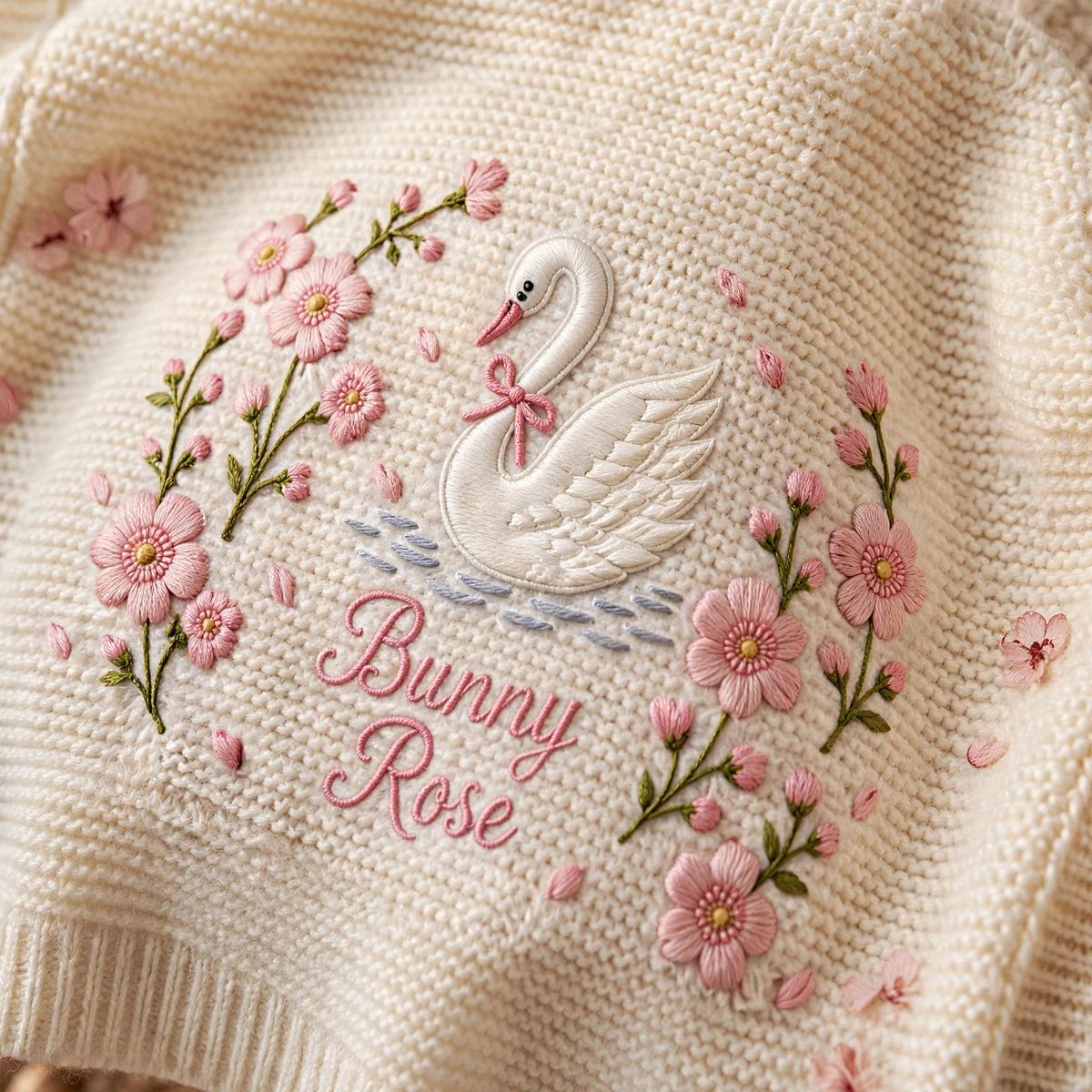 Personalized Swan Baby Blanket with Name | Custom Floral Knit Blanket