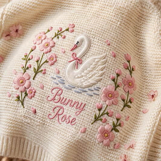 Personalized Swan Baby Blanket with Name | Custom Floral Knit Blanket
