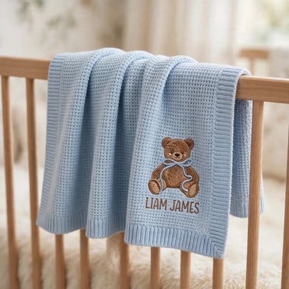 Personalized Teddy Bear Baby Blanket with Name - Custom Embroidered Keepsake