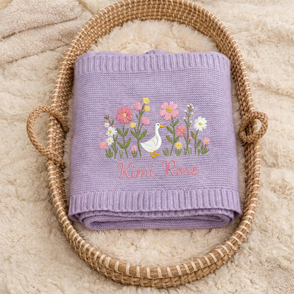 Personalized Duck Floral Baby Blanket with Name | Custom Goose Wildflower Knit Blanket