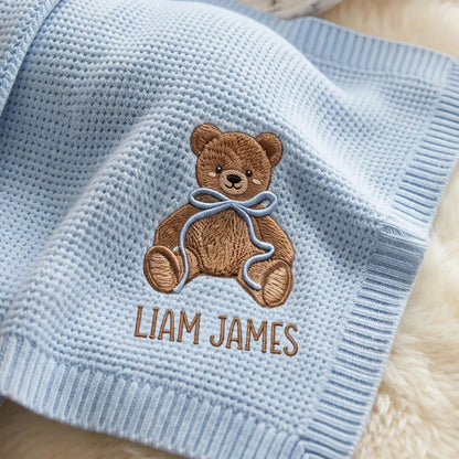 Personalized Teddy Bear Baby Blanket with Name - Custom Embroidered Keepsake