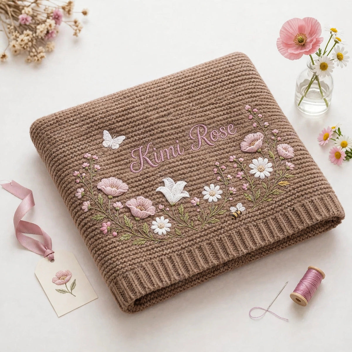 Personalized Wildflower Baby Blanket with Name - Custom Baby Girl Gift
