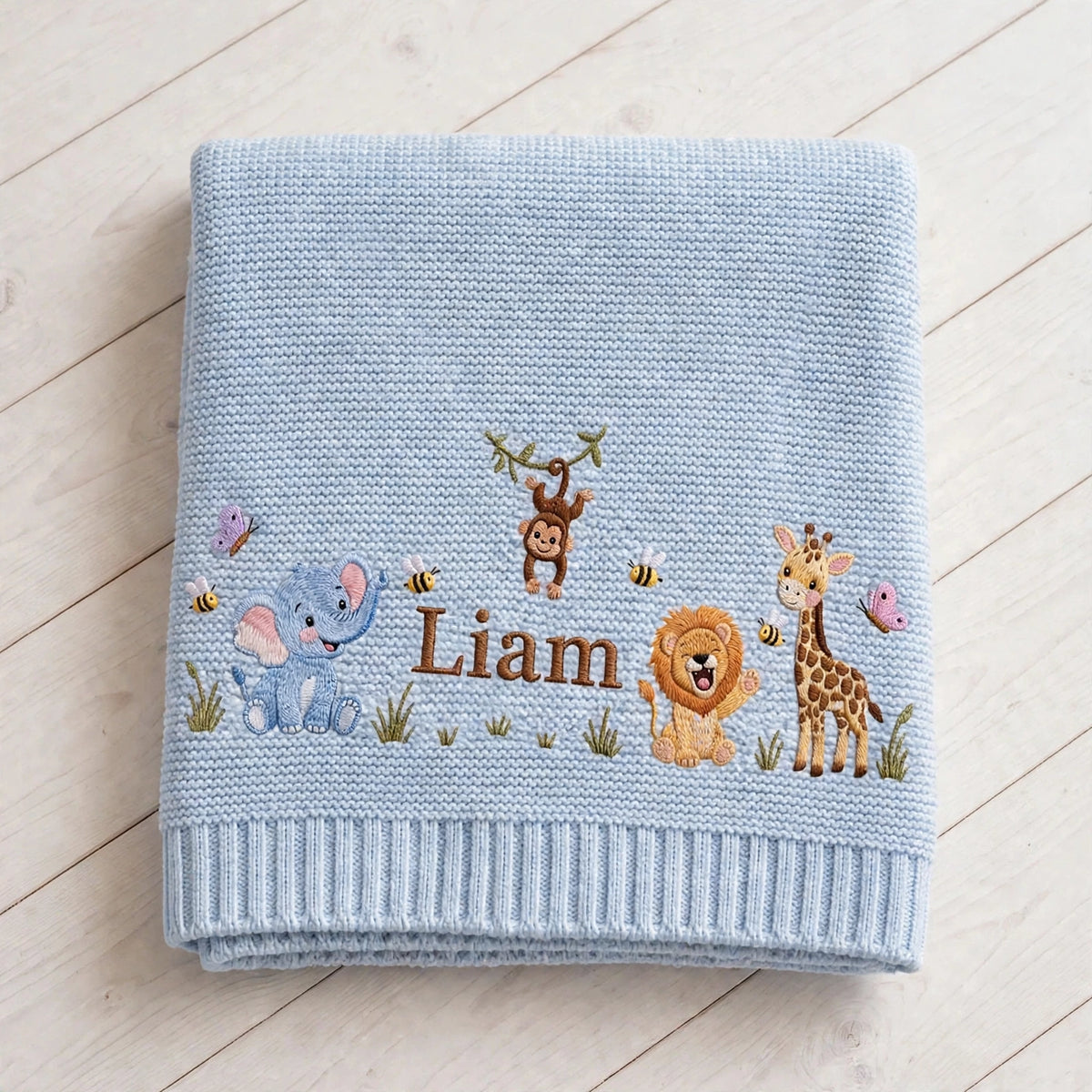 Personalized Safari Animals Baby Blanket with Name - Custom Embroidered Baby Name Blanket - Jungle Animals Keepsake Gift for Newborn
