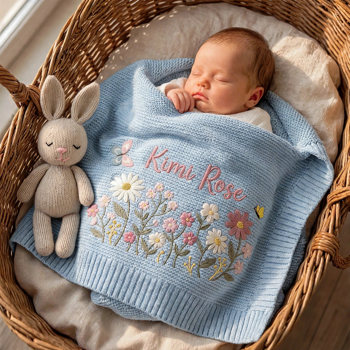 Personalized Floral Baby Blanket with Name - Custom Wildflower Knit Blanket for Baby