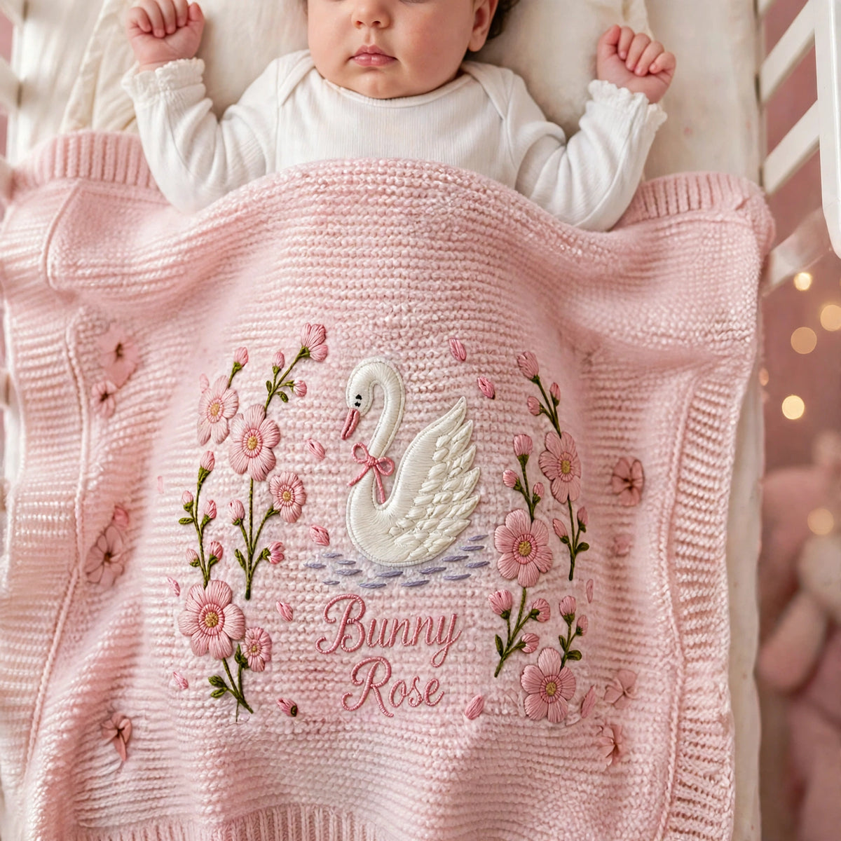 Personalized Swan Baby Blanket with Name | Custom Floral Knit Blanket