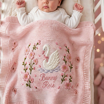 Personalized Swan Baby Blanket with Name | Custom Floral Knit Blanket
