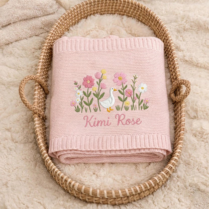 Personalized Duck Floral Baby Blanket with Name | Custom Goose Wildflower Knit Blanket