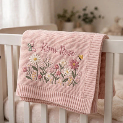Personalized Floral Baby Blanket with Name - Custom Wildflower Knit Blanket for Baby