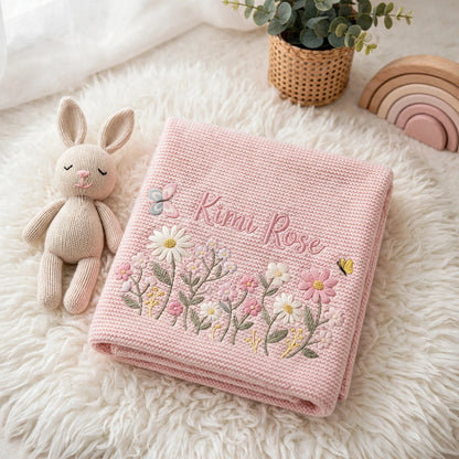 Personalized Floral Baby Blanket with Name - Custom Wildflower Knit Blanket for Baby